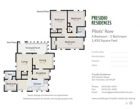 Floor plan for 4 beds, 2 baths, 1450 sqft